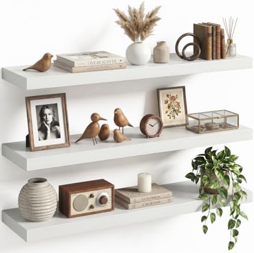 32" Floating Shelves for Wall, Set of 3, 8" Deep, 1.5" Thick, White