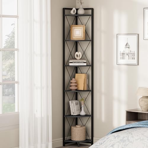 6 Tier Corner Shelf Stand, 78" H Tall Corner Bookshelf, Black
