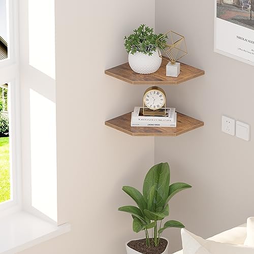 JJL Corner Wall Shelf, 10.4 Inch Wooden Corner Shelves, Set of 2 Floating Shelf for Wall Storage, Wall Mount Corner Shel