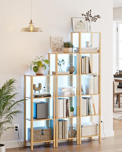 Open Book Shelf with LED Lights, 5 Tier Tall Bookshelf, Freestanding Shelf Narrow Bookcase with Open Shelves, 14.96" x 1