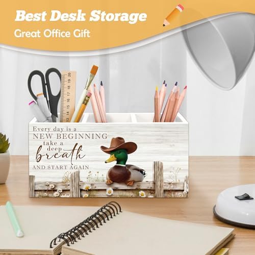 Inspirational Western Cowboy Mallard Duck Pen Holder Organizer for Desk Accessories, Farmhouse Daisy Floral Mallard Duck Wooden Box Sign Desk Decorations for Home Office Decor