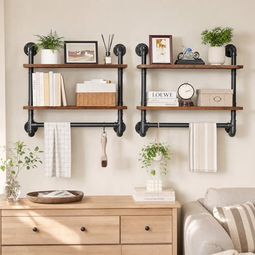 Merapi 24" 2 Tier Industrial Floating Shelves with Tower Bar