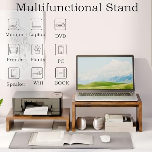 TEAMIX 2-Pack Monitor & Laptop Stand Riser, Wood High-Low Dual Monitor Set