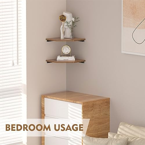 JJL Corner Shelf, 12 Inch Set of 2 Floating Shelves for Wall with Wire Hole for Security Camera and Radios Storage, 13.3