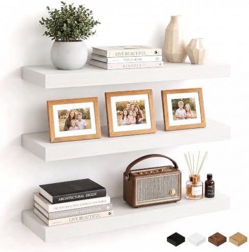 24 Inch Floating Shelves White, 8" Deep Wall Shelf, Wall Mounted Wood Shelf