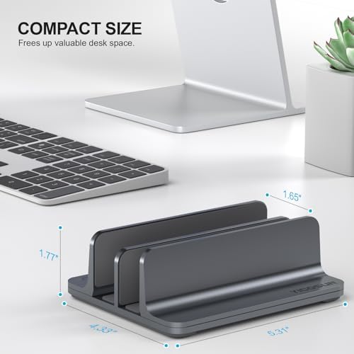 YICOSUN Dual-Slot Aluminum Vertical Laptop Stand for Desk - Adjustable Width Dock for MacBook, Surface, Samsung, HP, Del