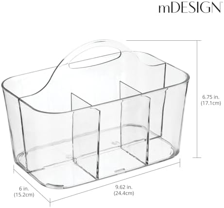 mDesign School Supplies Desk Organizer Tote for Scissors, Pens, Pencils, Notepads, Markers, Highlighters, Tape - Small, Clear