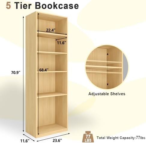 CTESNE【2026 Adjustable Shelves 5-Tier Bookcase, 71 inches, Wooden Open Display Floor Bookshelf (Oak Color)