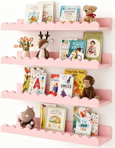 Shario Nursery Book Shelves, 4-Pack White Floating Shelves for Wall Kids, Scalloped Shelves, Wall Book Shelves for Bedro