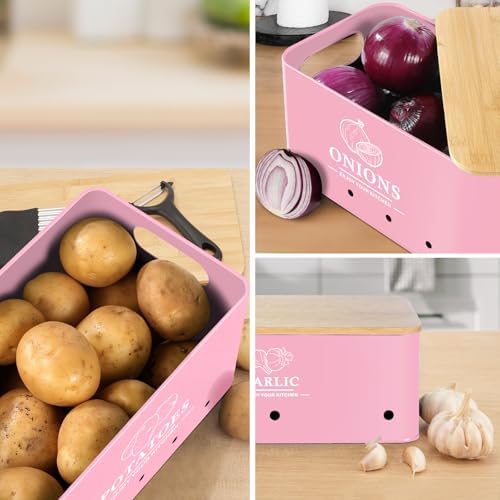 Kitchen Vegetable Storage Set of 3, Metal Onion Garlic Potato Storage Set, Kitchen Canisters Vegetable Keeper Containers