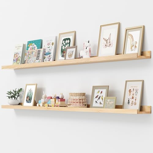 FLYJOE Picture Ledge Shelf, Floating Shelves Set of 2, Solid Pine Wood 72'' Long Large Nursery Book Shelves for Toys Storage, Kids Bookshelf for Living Room Bedroom Decor Books Photo Frames, Natural