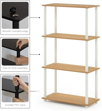 Furinno Turn-N-Tube Toolless Assembly Storage Shelves, 4-Tier Oak Book Shelf, Open Storage Bookshelf, for Organization a