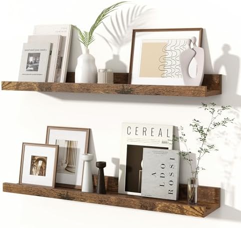 Fun Memories Picture Ledge Shelves Set of 2, 24 Inch Rustic Wall Mounted Floating Shelves with Lip for Home Storage and 