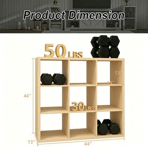 CTESNE【Wooden Thick Frame 9 Cube Storage Organizer Shelf with Anti-Tipping Kits + Reversible Open Back Bookcase, Horizon