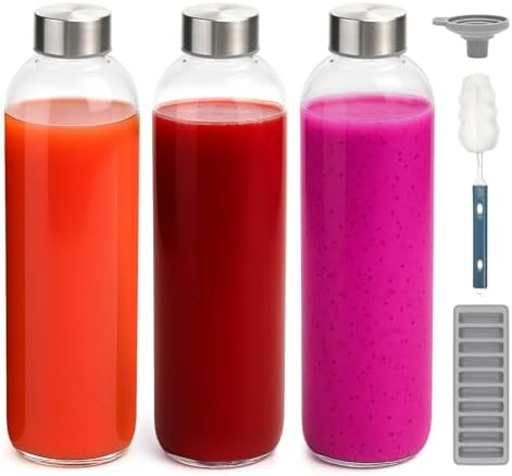 Zukro Clear Glass Water Bottles with Stainless Steel Lids 32 oz, Set of 3