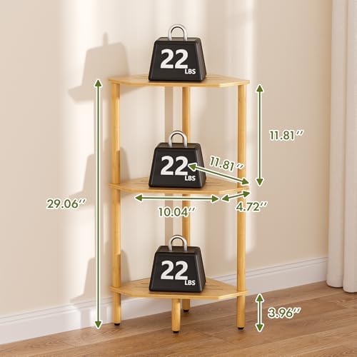 3 Tier Bamboo Corner Shelf, Storage Stand with Adjustable Feet, Small Spaces Corner Bookshelf, Plant Stand, Space-Saving