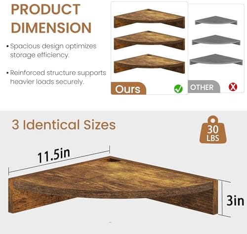 Fun Memories Corner Shelf Wall Mount, Wood Floating Corner Shelves, Corner Wall Shelf for Bedroom, Bathroom, Kitchen, Li