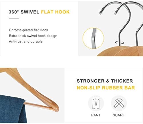 TOPIA HANGER Set of 6 Luxury Natural Wooden Coat Hangers, Premium Wood Suit Hangers, Glossy Finish with Extra-Wide Shoulder, Thicker Chrome Hooks & Anti-Slip Bar CT02N