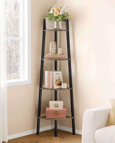Hoctieon Corner Shelf, 4-Tier Corner Bookshelf, Rustic Ladder Shelf, Industrial Display Stand for Living Room, Kitchen, 