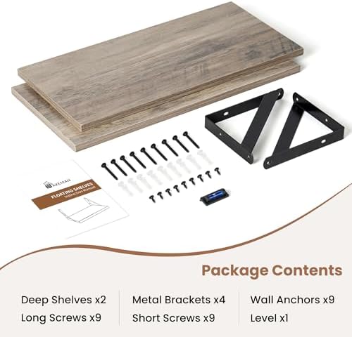 Axeman Floating Shelves for Wall, 16'' x 8'' Grey Wall Shelves Set of 2