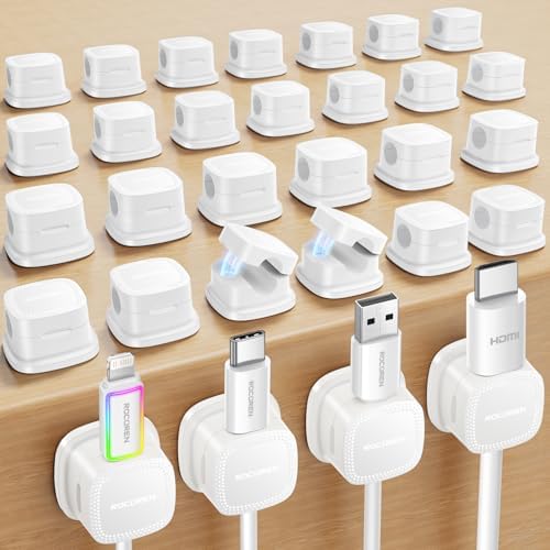 Rocoren 30‑Pack Magnetic 1s‑Lock Adhesive Cable Clips Cord Organizer