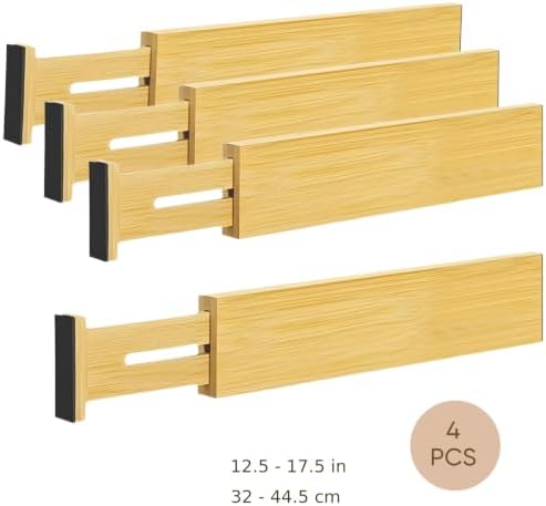 4 PCS Expandable Wooden Drawer Dividers, 2.6 in High Adjustable Wood Drawer Organizers, 12.5 to 17.5 in Spring Loaded Se