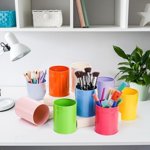 Tlence 9 Pack Metal Pen Holders for Desk, Colorful Bulk Round Pencil Cup Caddy, Desktop Stationery Organizer and Accessories for Office Classroom, Makeup Brush Storage, 3.5 x 4.5 Inches