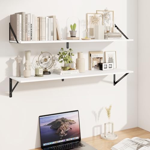 Heimlove White Deep Floating Shelves for Wall, 40W x 8D Wood Wall Shelves Set of 2, Wide Floating Bookshelf for Living R