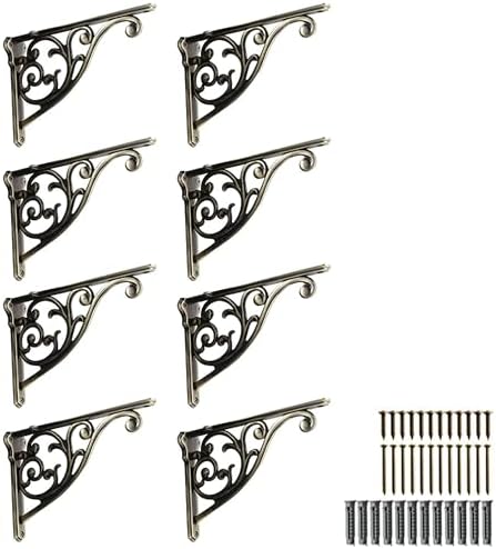 Khtumeware 4 Pack Brushed Antique Brass Shelf Bracket 8 Inch, Decorative Brackets for Shelving, Heavy Duty Vintage Ornat