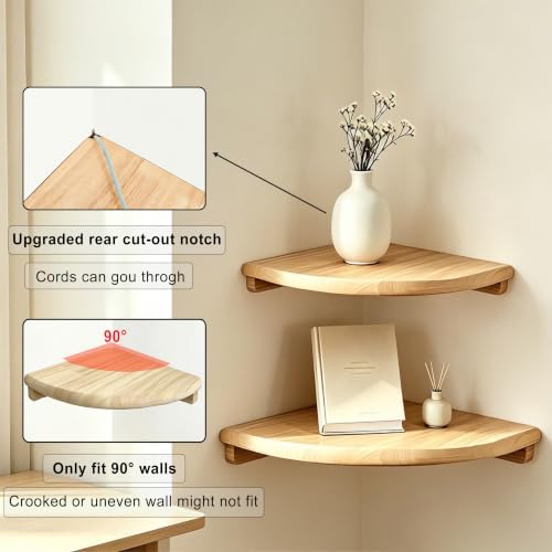 Floating Corner Shelves, 2 Pack Solid Wood Round End Wall Mount
