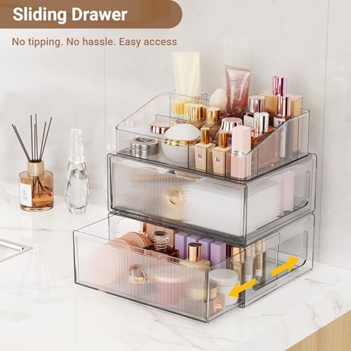 3 Tier Clear Makeup Organizer with Drawer, PET Cosmetic Storage for Dresser, Countertop & Bathroom Vanity, Holders for L