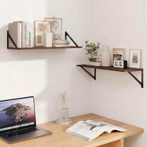 Heimlove Black Deep Floating Shelves for Wall, 23.62W x 8D Wood Wall Shelves Set of 2, Wide Floating Bookshelf for Livin