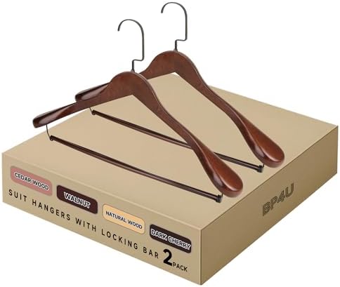 Wide Shoulder Wooden Hangers with Locking Bar, Walnut, 2-Pack