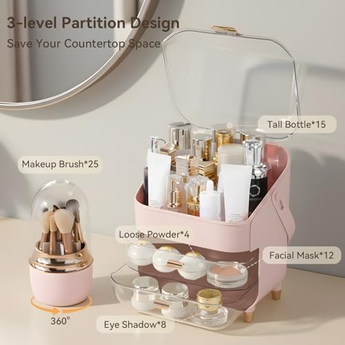 Makeup Organizer for Vanity with Brush Holder, Lid and 2 Drawers, Pink
