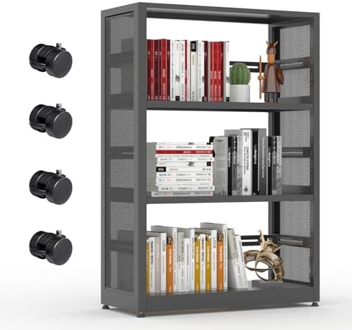 SteeLoong 3 Tier Bookshelf,Metal Storage Shelves, Wheels & Adjustable Feet