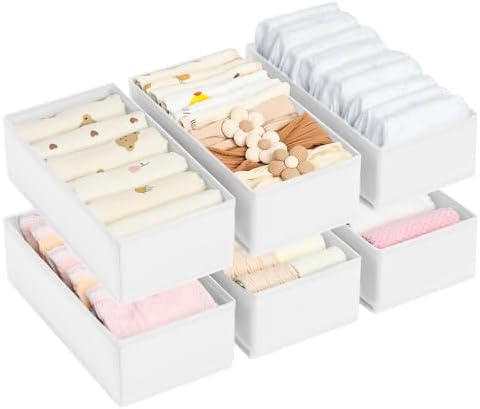 DIMJ Drawer Organizer Clothes - Underwear Organizer Small Sock Organizer Box Dresser Organizer,Drawer Dividers for Baby Clothes,Bra,Socks, Belt, Tie, Set of 6,White