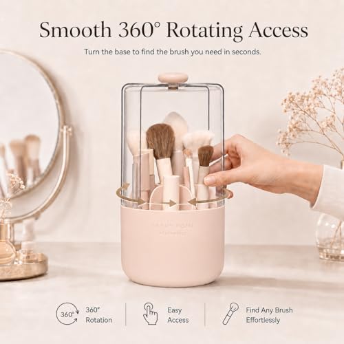 EACHY Makeup Brush Holder with Lid, 360° Rotating Vanity Organizer for Brushes, Dustproof Cosmetic Display Case, 7 Compa