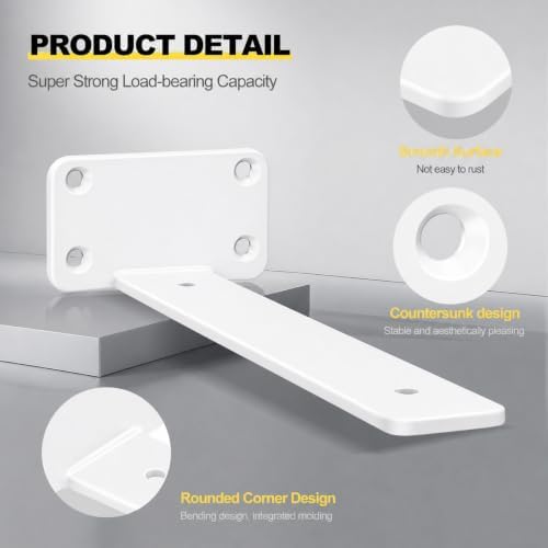 2 Pack - 10 inch White Hidden L Shelf Bracket (1/5 Inch Thicked) Iron Floating Shelf Brackets Rustic Industrial Metal Br