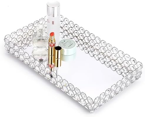Hipiwe Crystal Perfume Tray Mirrored Bathroom Vanity Organizer, Large