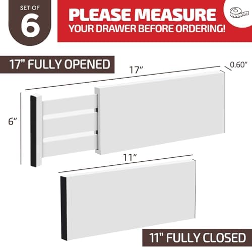 6-Pack Drawer Dividers - 6 Inches High, Adjustable 11 to 17 Inches Bamboo Drawer Organizer, Large Expandable Separator for Clothes, Dresser, Bedroom, Bathroom, Baby, Office, Kitchen Utensil, White
