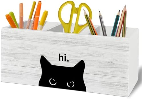 Hi Black Cat Pen Pencil Holder Organizer for Desk Accessories, Black Cat Mom Lady Lovers Owner Gifts Wooden Box Sign Desk Decor for Home Office Decoration, Pet Lover Gifts