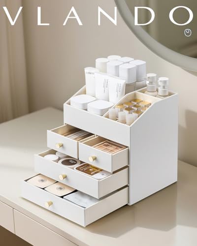 VLANDO Makeup Organizer Countertop with 4 Drawers,White