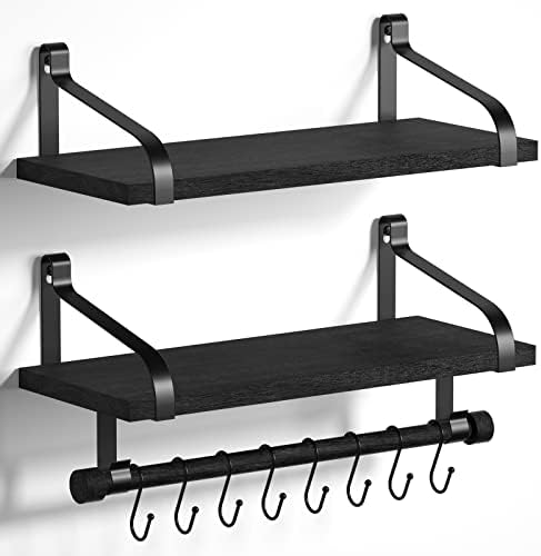 Love-KANKEI 17.3"Floating Wall Shelves Set of 2,Solid Wood,Coffee Bar,Black