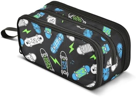 Skateboard Lightning Pencil Case Box Boys Girls Large Pencil Pouch Zipper Compartments Big Capacity Stationery Pen Bag Organizer for Kids Teens Adults School Office