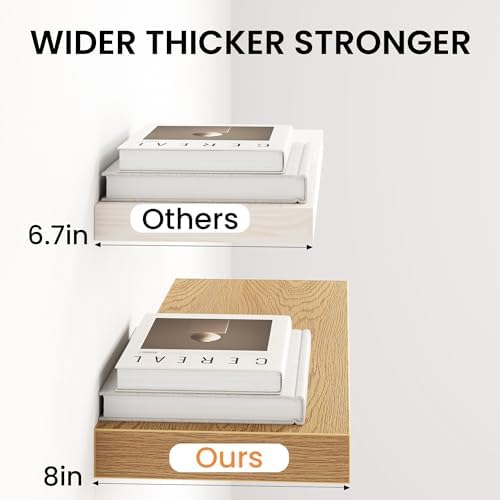 8" Long x 8" Deep Floating Shelves for Wall, Set of 3, 1.5" Thick, Oak