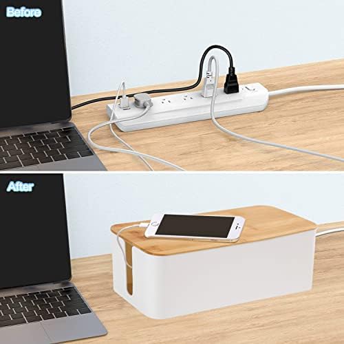 Cable Management Box Organizer, Set of 2 Bamboo Lid Large Storage Wire Holder to Conceal Hide Surge Protector, Power Str