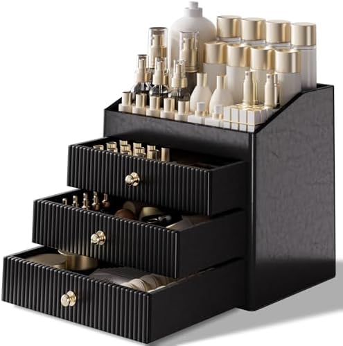LADSTAG Cosmetic Organizer,Luxury Make up Organizer with 3 shelf Drawers,Black Large Capacity Makeup Organizers for Skin