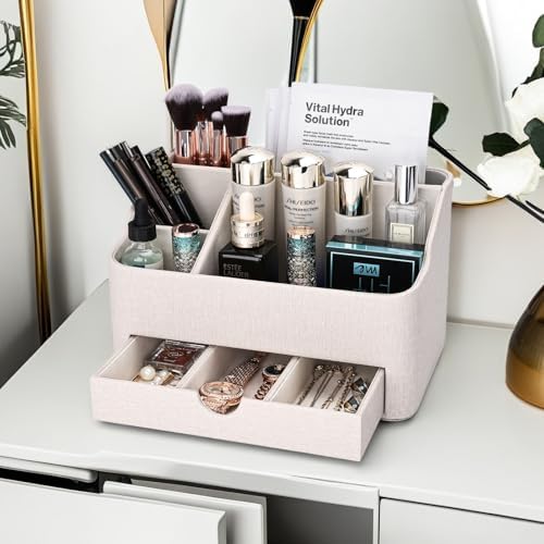 KINGFOM Leather Makeup Organizer with Drawer, Cosmetic Storage for Dresser Countertop and Bathroom Vanity, Beauty Holder