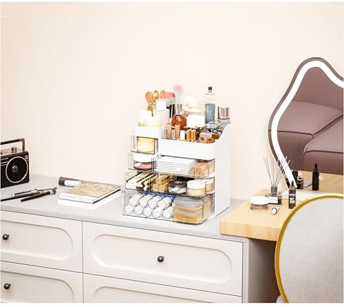 White Countertop Makeup Organizer with 6 Drawers,Large Capacity Skincare Organizers for Vanity,Desk,Dresser,Plastic Bath