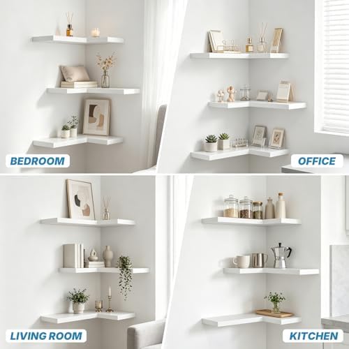 Floating Corner Shelves Wall Mounted with Invisible Brackets Set of 3